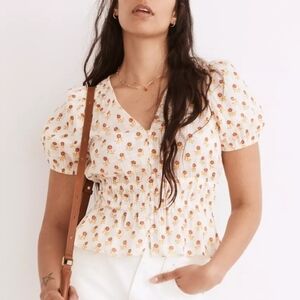 Madewell Smocked Puff Sleeve Blouse in Red and Orange